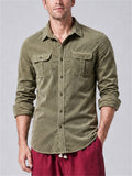 Men Corduroy Long Sleeve Button Down Double Pocket Casual Shirt