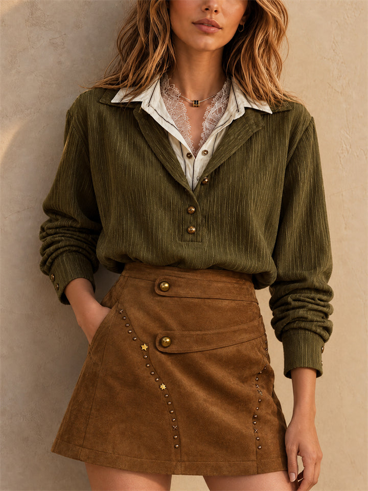 Women Olive Green Patchwork Textured Button Down Long Sleeve Shirt