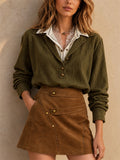 Women Olive Green Patchwork Textured Button Down Long Sleeve Shirt