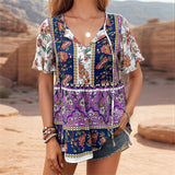 Women's Casual Holiday Style Print V Neck Short Sleeve Shirts