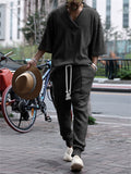 Men's Thin Knitted V-neck Tops & Drawstring Trouser Set