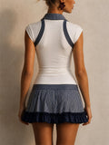 Womens Navy Striped Polo Tennis Dress Pleated Ruffle Mini Dress
