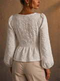 Women Vintage Square Neck Jacquard Peplum Puff Sleeve Blouse