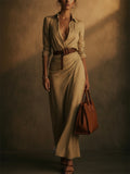Womens Khaki V Neck Belted Linen Safari Maxi Shirt Dress