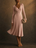 Women Elegant Wrap Ribbed Knit Long Sleeve Pleated Midi Dress