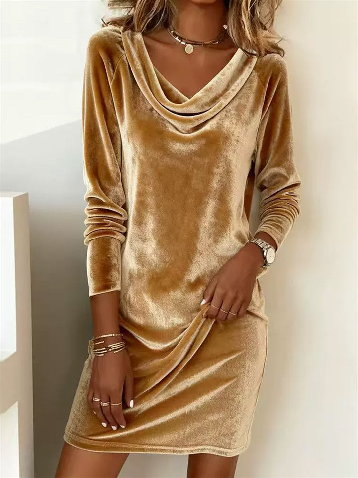 Autumn Women's Velvet Long Sleeve Cowl Neck Shift Dress