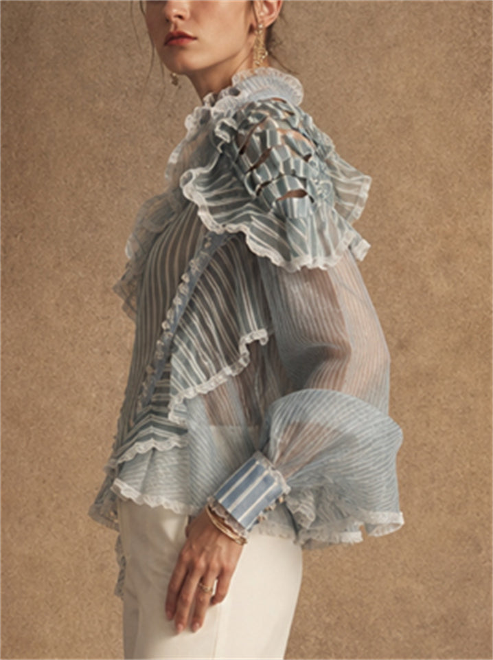 Women Blue Striped Asymmetric Ruffle Sheer Mock Neck Blouses