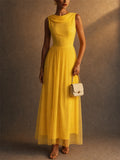 Women Cowl Neck Tulle Sleeveless Midi Gown Dress