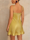 Women Gold Metallic Pleated Tie Shoulder Mini Party Dress