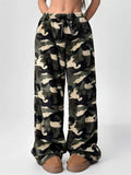 W‌inter Fleece Leopard Heart Print High Waist Wide Leg Women Casual Pants‌