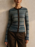 Women Slim Button Down Pockets Striped Flare Sleeve Cardigan