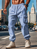 Men's Casual Solid Color Multi-pockets Drawstring Straight Jogger Trousers