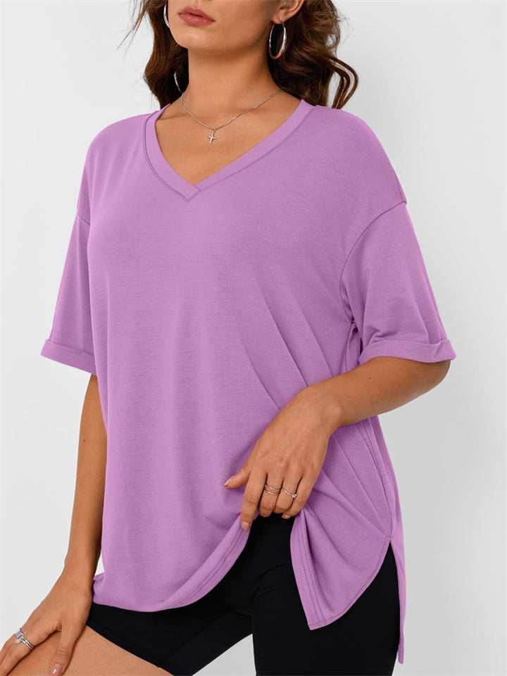 Women's Trendy Summer Solid Color Pullover Split Hem Shirts