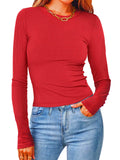 Women's Solid Color Round Neck Long-sleeved Pit Stripe Shirts