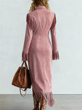 A‌utumn Boho Fringe Pink Suede Dress for Women with Zipper and Slit‌