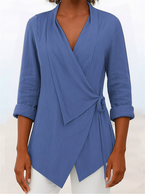 Women's Solid Color V Neck Tie Waist Long Sleeve Blouses
