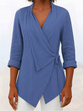 Women's Solid Color V Neck Tie Waist Long Sleeve Blouses