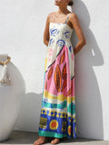 Women's Summer Holiday Style Printed Big Hem Strap Maxi Dress