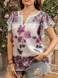 Plus Size Women's Retro Summer Floral Print V Neck Short Sleeve Shirt