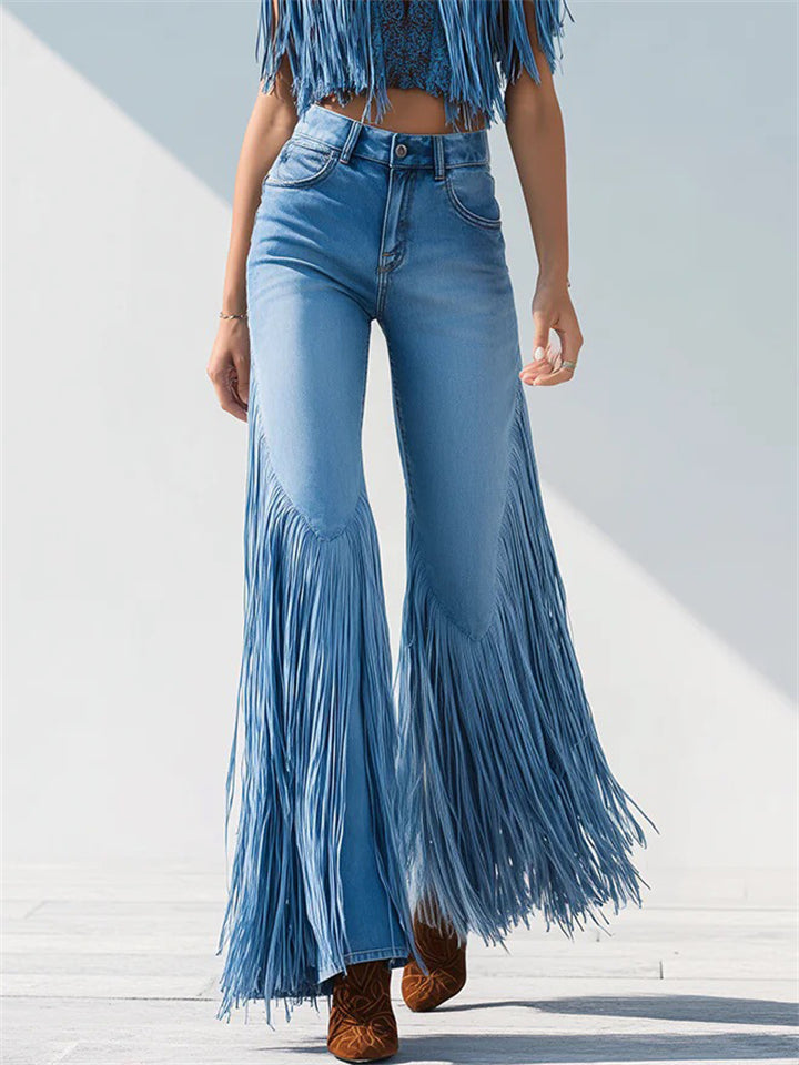 ‌Women's Chic Trendy Mid Waist Fringed Flared Denim Jeans‌