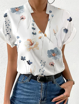 Women's Summer Stand Collar Floral Printed Short Sleeve Shirts
