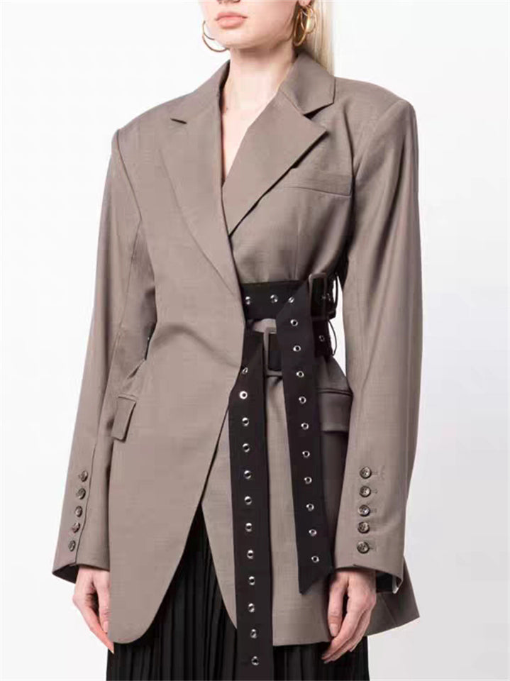 Women's Gray V-neck Long Sleeve Tie-waist Suit Coat