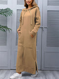 Women's Loose Fleece Solid Color Kangaroo Pocket Hooded Long Sweatshirts