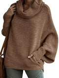 Women's Turtleneck Solid Color Kangaroo Pocket Lantern Sleeve Sweaters