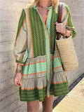 Women's Summer Green Print Patchwork 3/4 Sleeve Dress