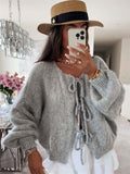 Women's Solid Color Round Neck Lace Up Cardigan Sweater