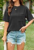 Women's Solid Color Stripe Pockets Short Sleeve Shirts