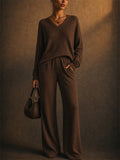 Women Ribbed Knit 2 Piece V Neck Drop Shoulder Wide Leg Pants Lounge Set