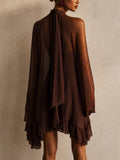 Women 2 Piece Chiffon High Neck Ruffle Mini Dress and Slip Set