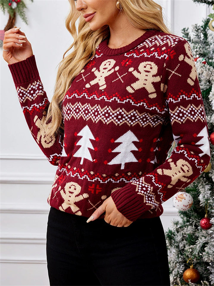 Women's Gingerbread Man Jacquard Round Neck Pullover Christmas Sweaters