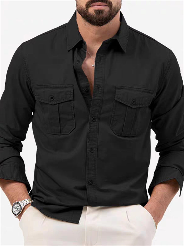 Men's Long Sleeve Casual Pockets Distressed Cargo Shirt