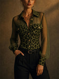 Women Leopard Print Sheer Mesh Button Down Blouse Top