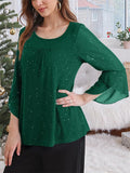 Women's Mesh Patchwork Bling 3/4 Flare Sleeve Shirt