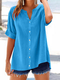 Women's Button Up V Neck Short Sleeve Summer Blouses