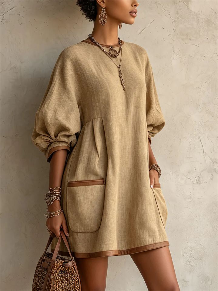 Womens Khaki Contrast Trim Oversized Textured Pocket Mini Dress