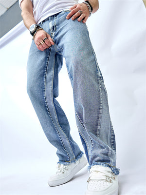 Loose Fit High Waist Raw Hem Jeans for Male