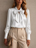 Women Elegant Satin Bow Tie Blouse Puff Sleeve Top