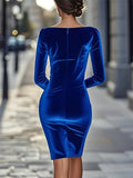 Ladies' Autumn Elegant Blue Sabrina Neck Knee Length Dress
