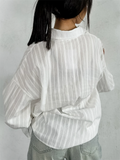 F‌rench Style White Striped Jacquard Loose Fit Button-up Blouses for Women‌