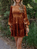 Women's Elegant Velvet Ruffle Round Neck Balloon Sleeve Dress
