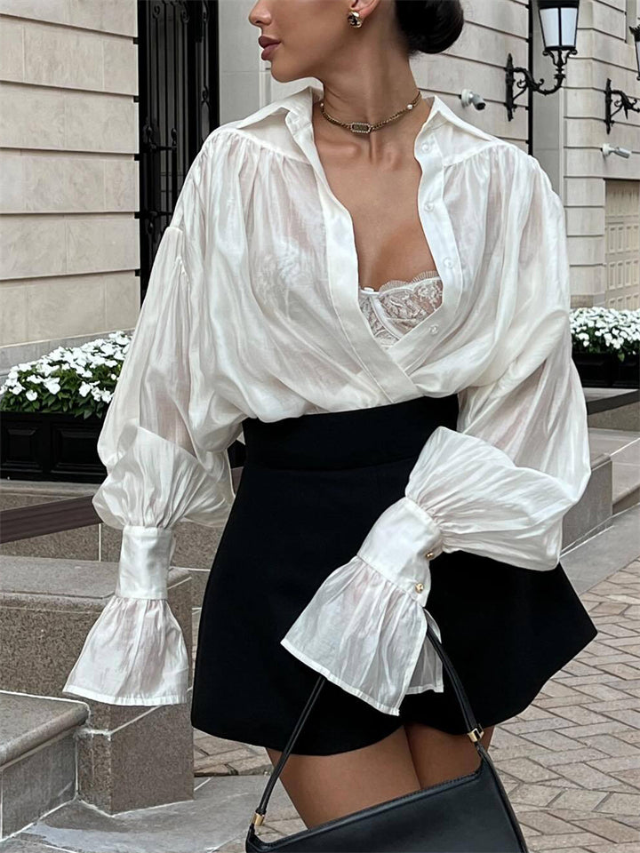 Women's Trendy Loose Lapel Puff Long Sleeve Blouse