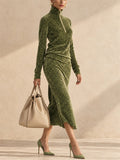 Women Leopard Print Velvet Two Piece Set Zip Up Top and Midi Skirt Outfit