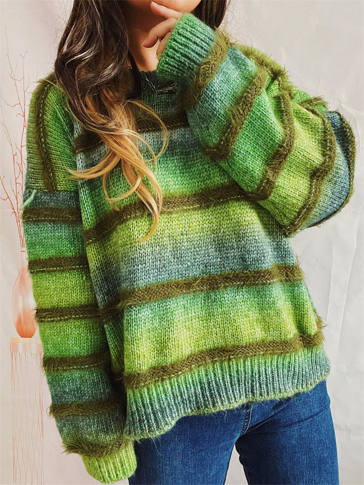 Women Gradient Striped Sweater Long Sleeve Pullover