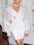 Women's French Style Elegant Lapel Long-sleeve Semi Transparent Blouses