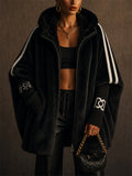 Women Oversized Faux Fur Striped Zip Up Hooded Jackets
