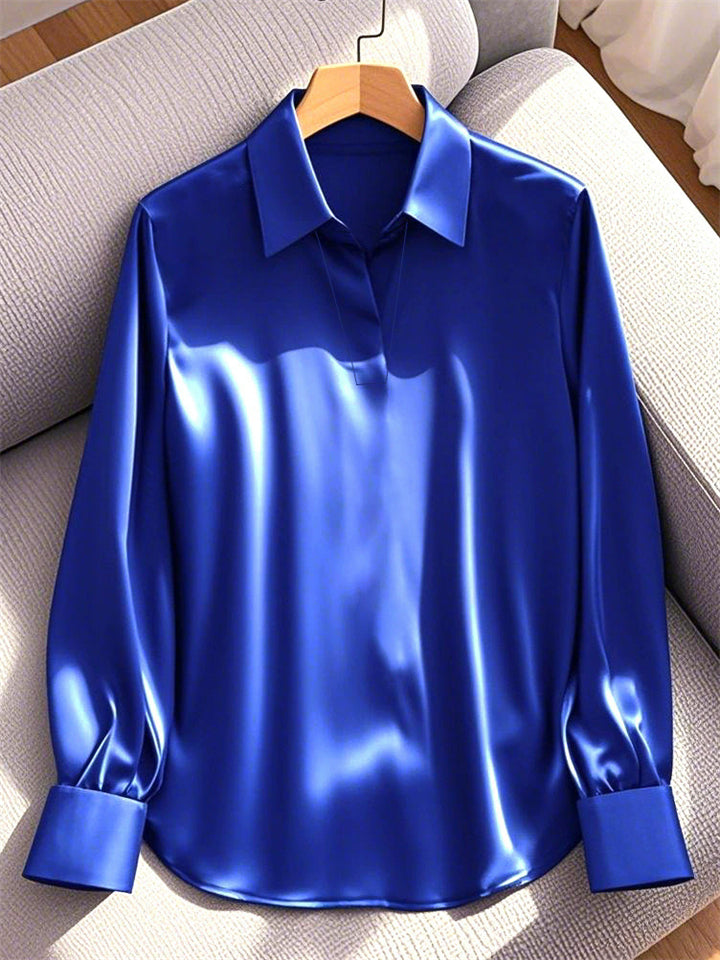 Women's Elegant Blue Solid Color V Neck Pullover Lapel Long Sleeve Blouses